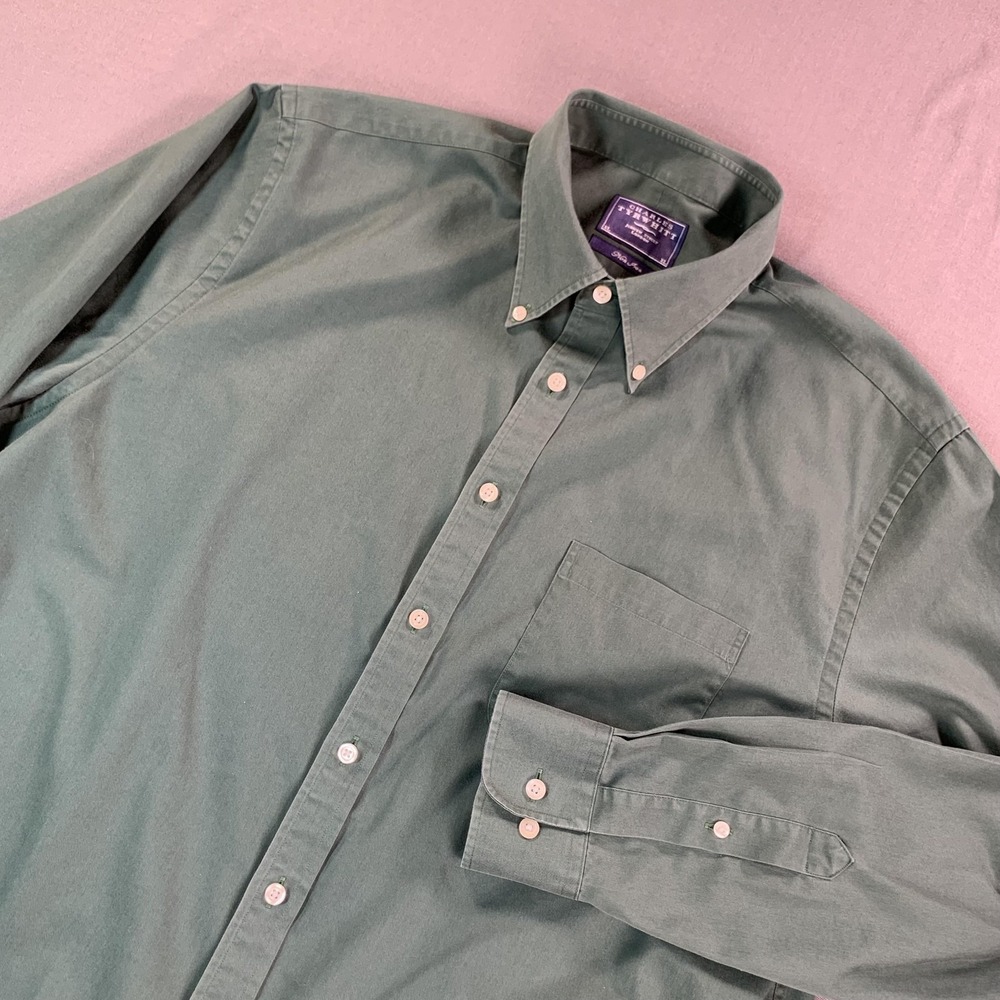 Charles Tyrwhitt Shirt Mens XL Green Solid Non-Iron Cotton Canvas Button Down